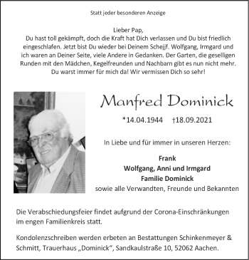 Traueranzeige von Manfred Dominick von Zeitung am Sonntag