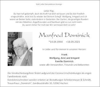 Traueranzeige von Manfred Dominick von Aachener Zeitung / Aachener Nachrichten