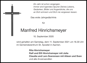 Traueranzeige von Manfred Hinrichsmeyer von Aachener Zeitung / Aachener Nachrichten