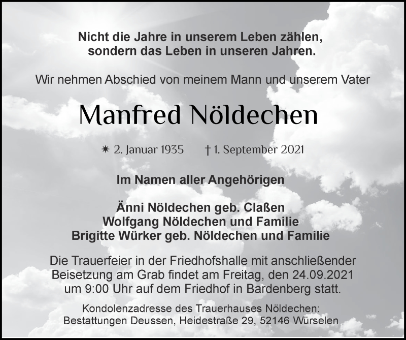  Traueranzeige für Manfred Nöldechen vom 12.09.2021 aus Zeitung am Sonntag