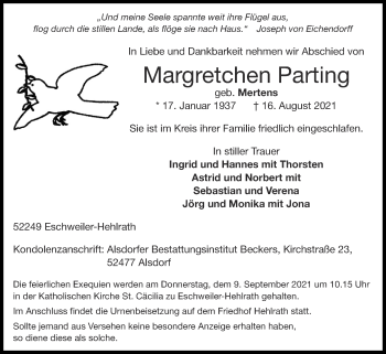 Traueranzeige von Margretchen Parting von Zeitung am Sonntag
