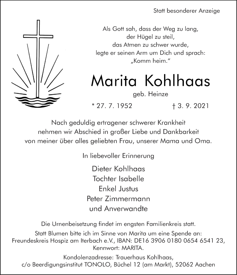  Traueranzeige für Marita Kohlhaas vom 11.09.2021 aus Aachener Zeitung / Aachener Nachrichten
