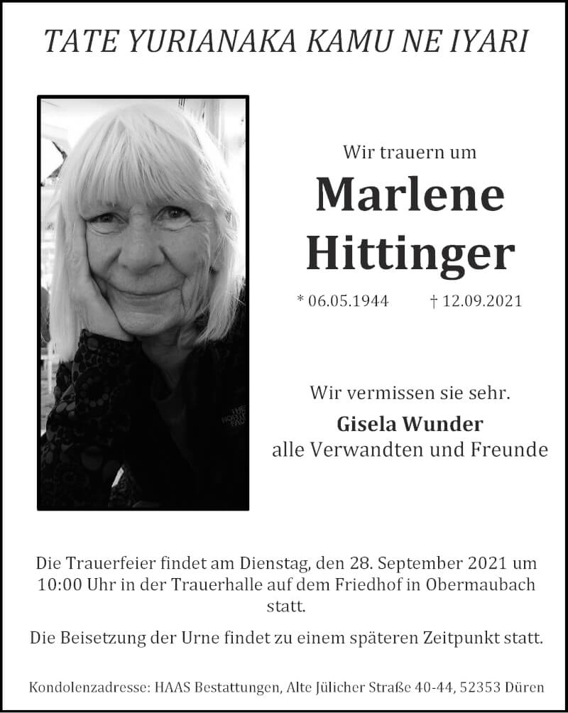 Traueranzeige für Marlene Hittinger vom 19.09.2021 aus Zeitung am Sonntag