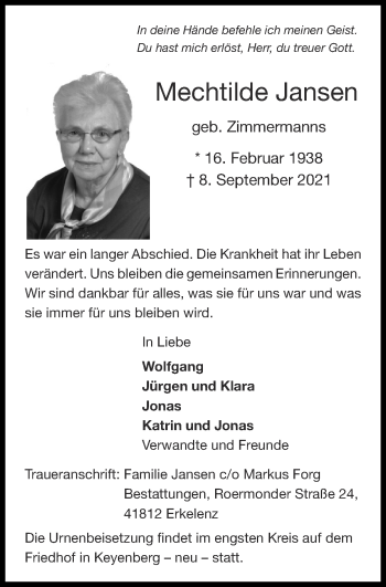 Traueranzeige von Mechtilde Jansen von Zeitung am Sonntag