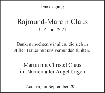 Traueranzeige von Rajmund-Marcin Claus von Zeitung am Sonntag