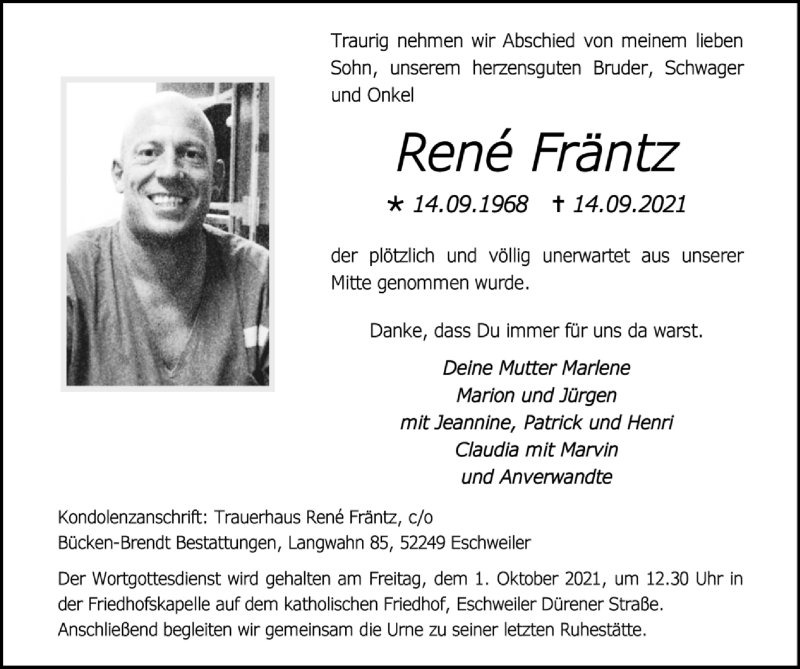  Traueranzeige für Renè Fräntz vom 26.09.2021 aus Zeitung am Sonntag