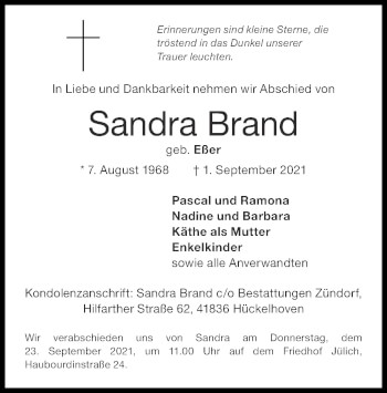 Traueranzeige von Sandra Brand von Zeitung am Sonntag