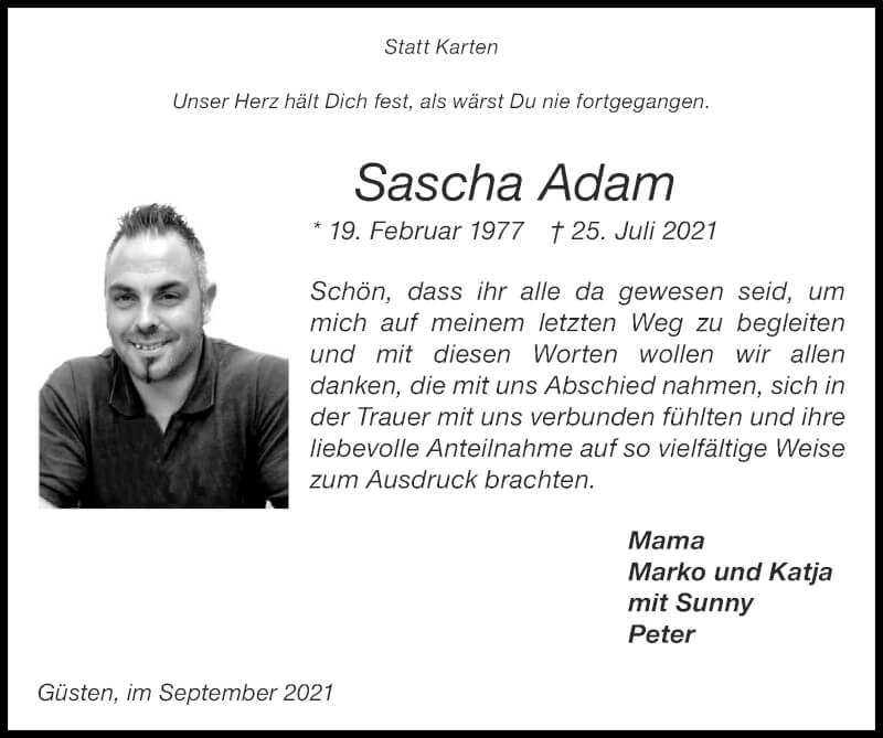  Traueranzeige für Sascha Adam vom 19.09.2021 aus Zeitung am Sonntag