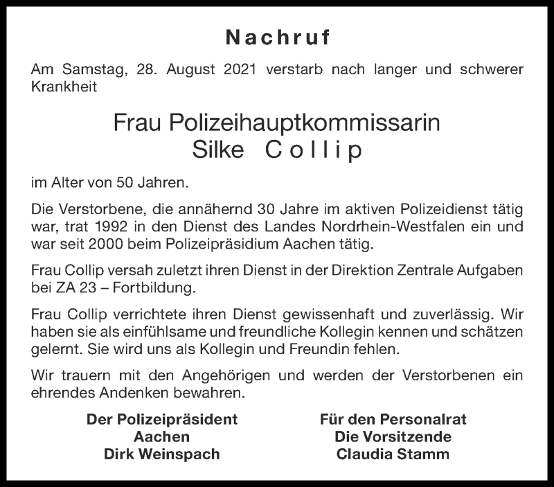  Traueranzeige für Silke Collip vom 04.09.2021 aus Aachener Zeitung / Aachener Nachrichten