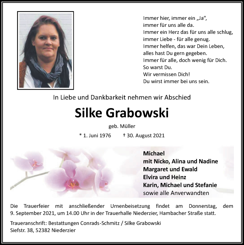  Traueranzeige für Silke Grabowski vom 05.09.2021 aus Zeitung am Sonntag