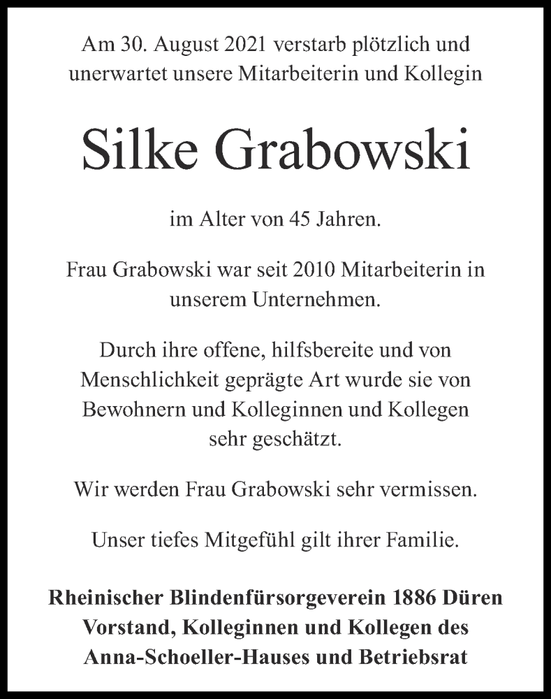  Traueranzeige für Silke Grabowski vom 05.09.2021 aus Zeitung am Sonntag