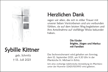 Traueranzeige von Sybille Kittner von Zeitung am Sonntag