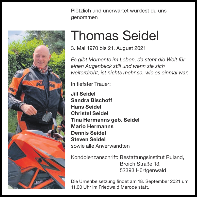  Traueranzeige für Thomas Seidel vom 12.09.2021 aus Zeitung am Sonntag