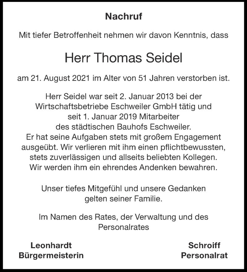  Traueranzeige für Thomas Seidel vom 04.09.2021 aus Aachener Zeitung / Aachener Nachrichten