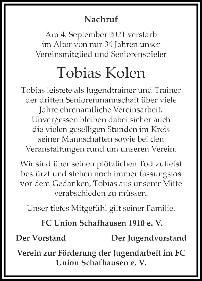  Traueranzeige für Tobias Kolen vom 19.09.2021 aus Zeitung am Sonntag