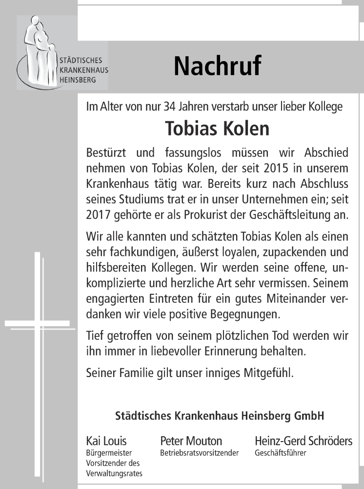  Traueranzeige für Tobias Kolen vom 12.09.2021 aus Zeitung am Sonntag