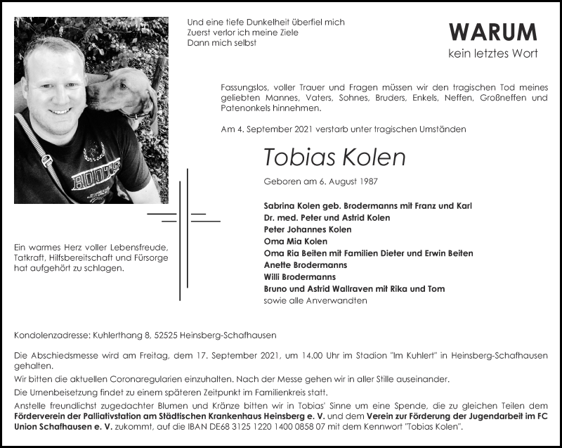  Traueranzeige für Tobias Kolen vom 12.09.2021 aus Zeitung am Sonntag