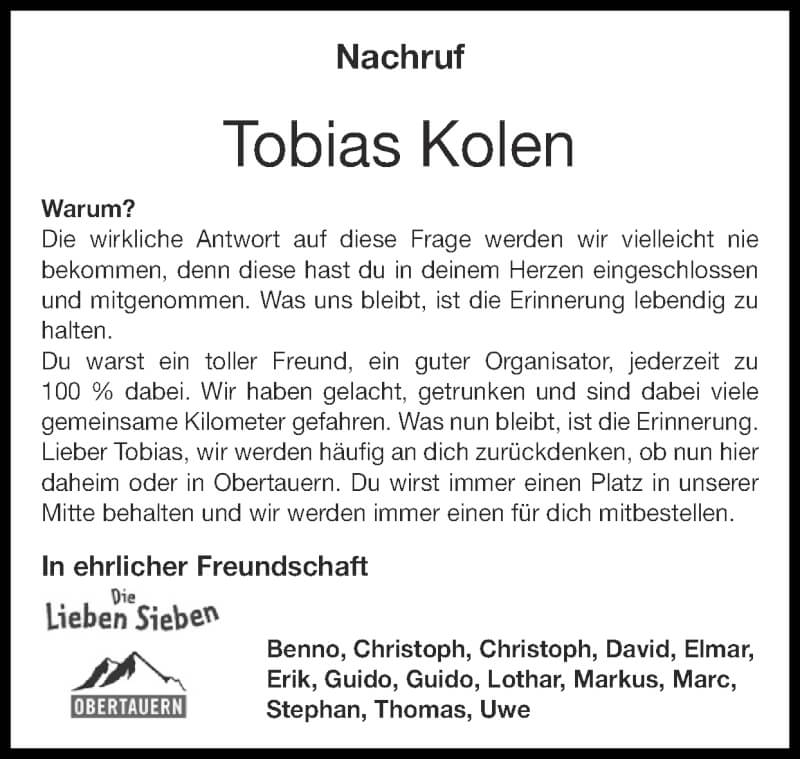  Traueranzeige für Tobias Kolen vom 19.09.2021 aus Zeitung am Sonntag