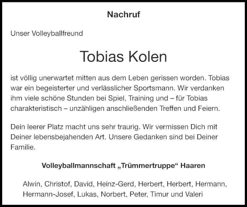  Traueranzeige für Tobias Kolen vom 19.09.2021 aus Zeitung am Sonntag