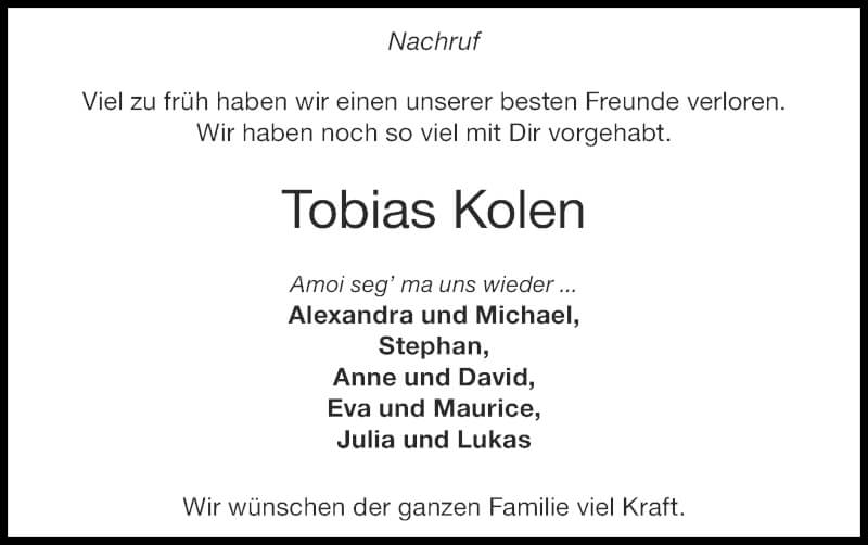  Traueranzeige für Tobias Kolen vom 19.09.2021 aus Zeitung am Sonntag