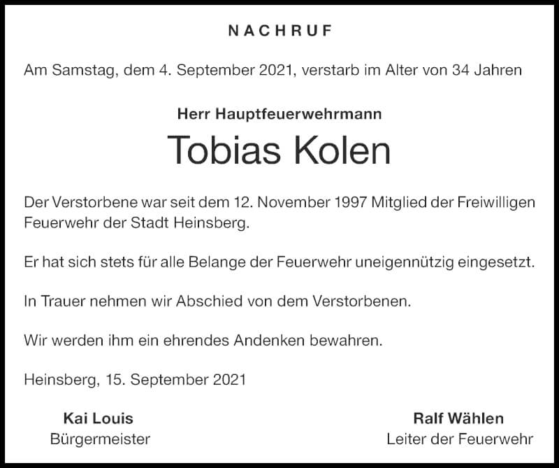 Traueranzeige für Tobias Kolen vom 19.09.2021 aus Zeitung am Sonntag
