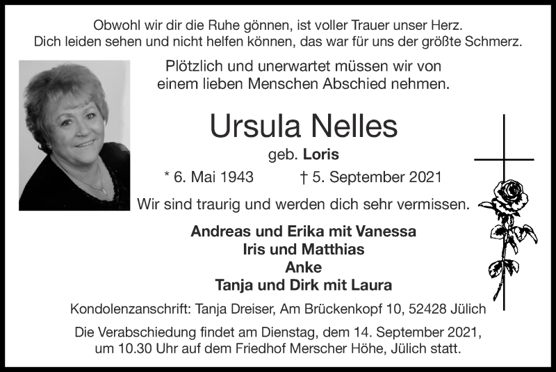  Traueranzeige für Ursula Nelles vom 12.09.2021 aus Zeitung am Sonntag