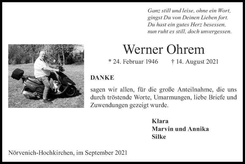  Traueranzeige für Werner Ohrem vom 26.09.2021 aus Zeitung am Sonntag
