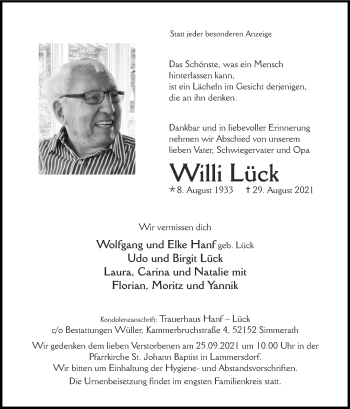 Traueranzeige von Willi Lück von Zeitung am Sonntag