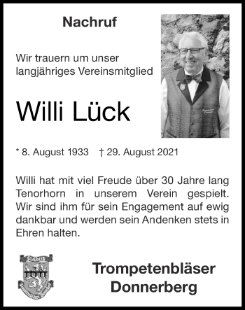 Traueranzeige von Willi Lück von Zeitung am Sonntag