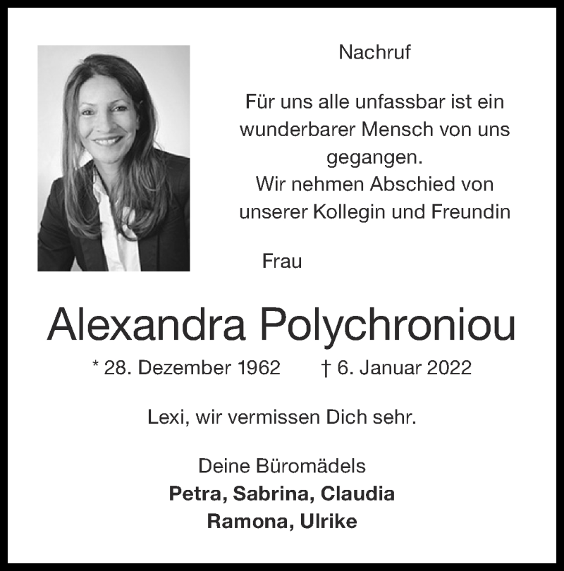  Traueranzeige für Alexandra Polychroniou vom 16.01.2022 aus Zeitung am Sonntag