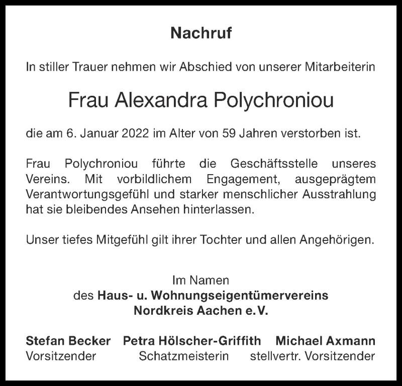  Traueranzeige für Alexandra Polychroniou vom 16.01.2022 aus Zeitung am Sonntag