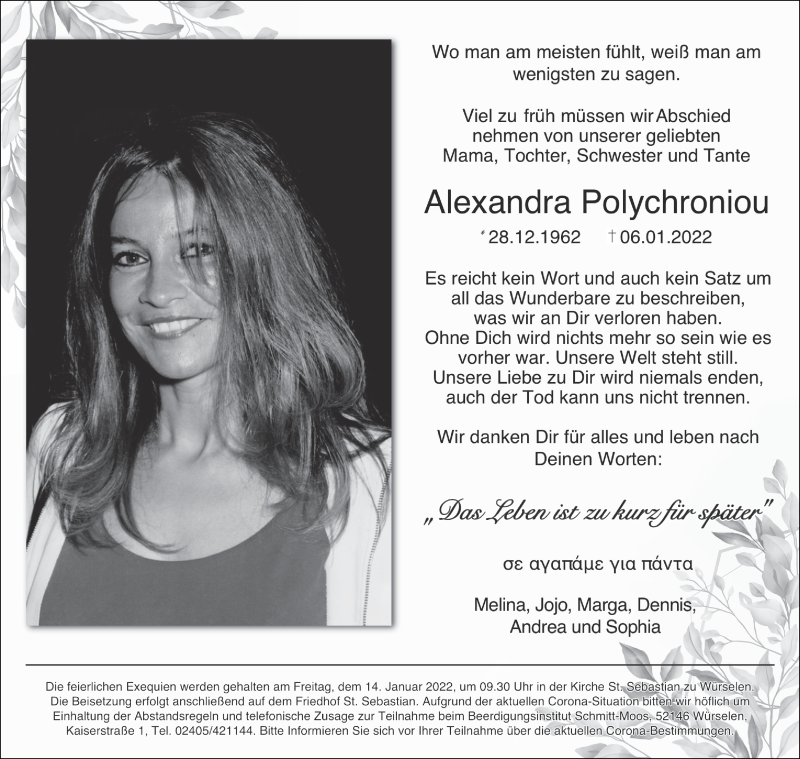  Traueranzeige für Alexandra Polychroniou vom 12.01.2022 aus Aachener Zeitung / Aachener Nachrichten