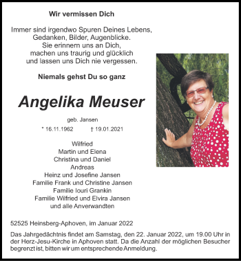 Traueranzeige von Angelika Meuser von Zeitung am Sonntag