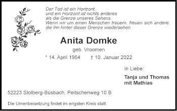 Traueranzeige von Anita Domke von Zeitung am Sonntag
