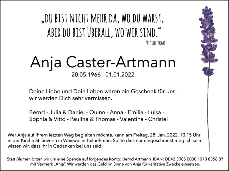  Traueranzeige für Anja Caster-Artmann vom 09.01.2022 aus Zeitung am Sonntag