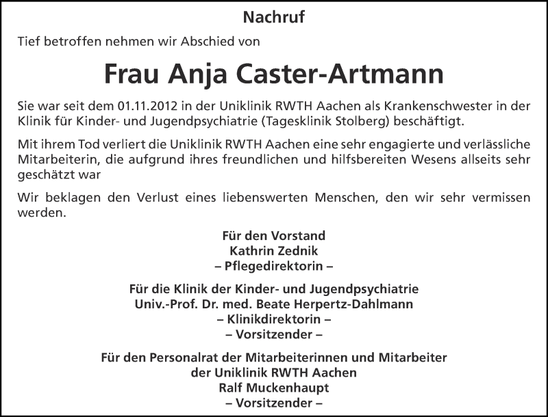  Traueranzeige für Anja Caster-Artmann vom 15.01.2022 aus Aachener Zeitung / Aachener Nachrichten
