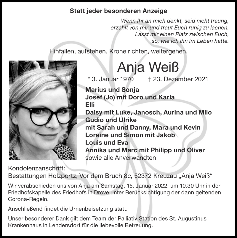  Traueranzeige für Anja Weiß vom 09.01.2022 aus Zeitung am Sonntag