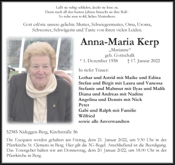Traueranzeige von Anna-Maria Kerp von Aachener Zeitung / Aachener Nachrichten