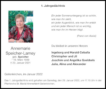 Traueranzeige von Annemarie Speicher-Lamey von Zeitung am Sonntag