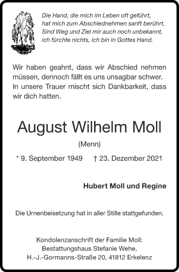 Traueranzeige von August Wilhelm Moll von Zeitung am Sonntag