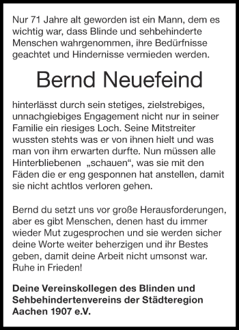 Traueranzeige von Bernd Neuefeind von Zeitung am Sonntag