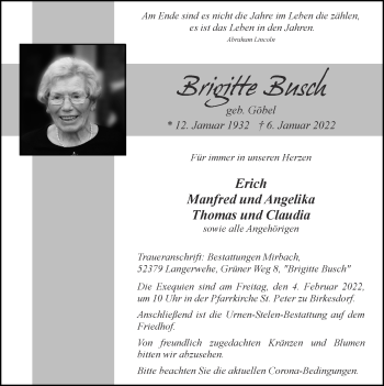 Traueranzeige von Brigitte Busch von Zeitung am Sonntag