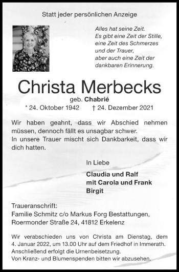 Traueranzeige von Christa Merbecks von Zeitung am Sonntag