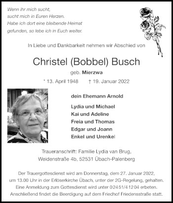 Traueranzeige von Christel  Busch von Zeitung am Sonntag