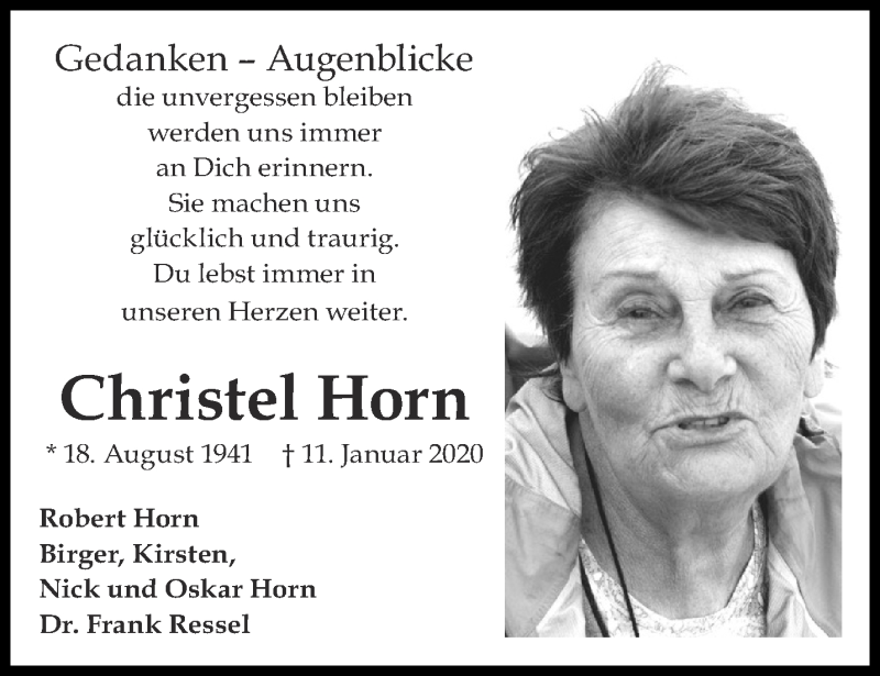  Traueranzeige für Christel Horn vom 15.01.2022 aus Aachener Zeitung / Aachener Nachrichten