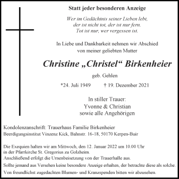 Traueranzeige von Christine Birkenheier von Zeitung am Sonntag
