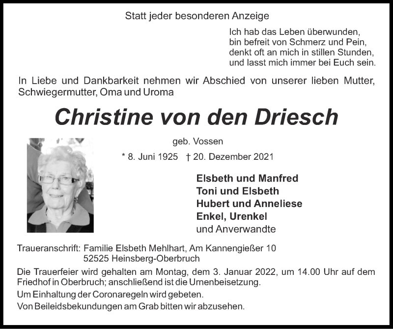  Traueranzeige für Christine von den Driesch vom 02.01.2022 aus Zeitung am Sonntag