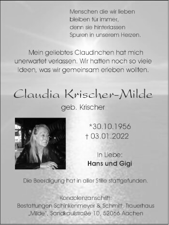 Traueranzeige von Claudia Krischer-Milde von Zeitung am Sonntag