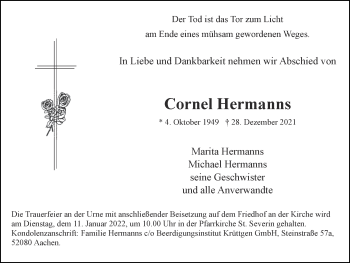 Traueranzeige von Cornel Hermanns von Zeitung am Sonntag