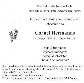 Traueranzeige von Cornel Hermanns von Aachener Zeitung / Aachener Nachrichten